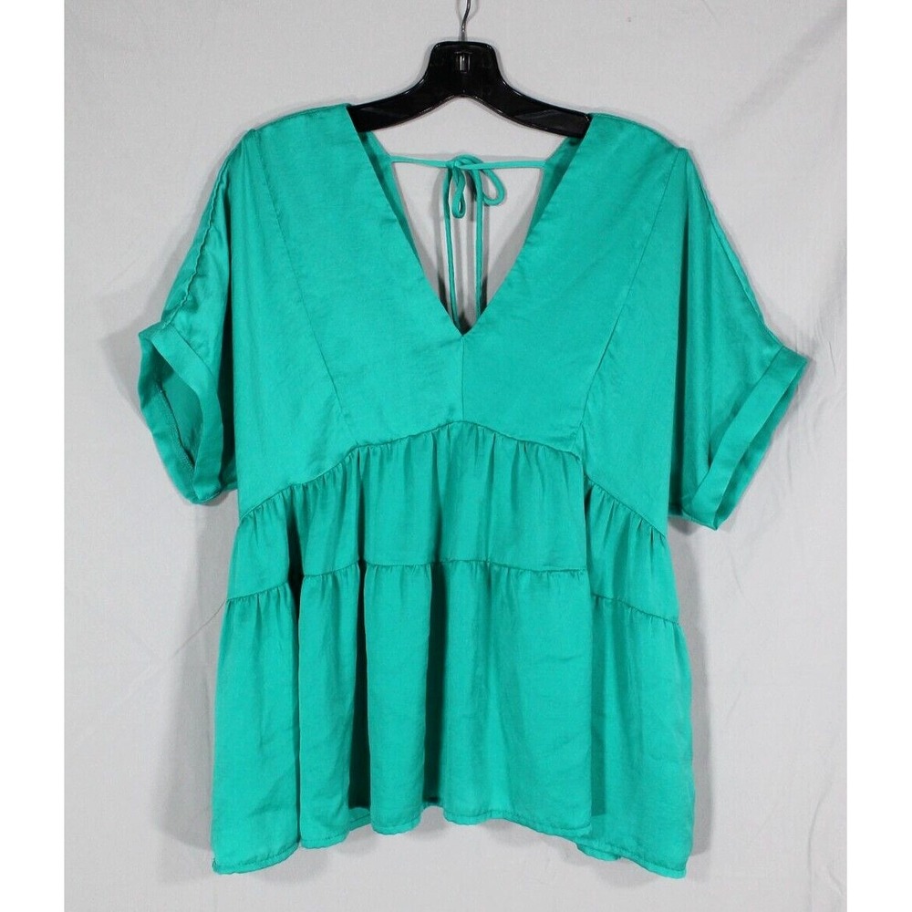 ENTRO Green SATIN V-Neck TIE BACK Cuff Sleeve FLOWY TIERED BLOUSE/TOP Sz S